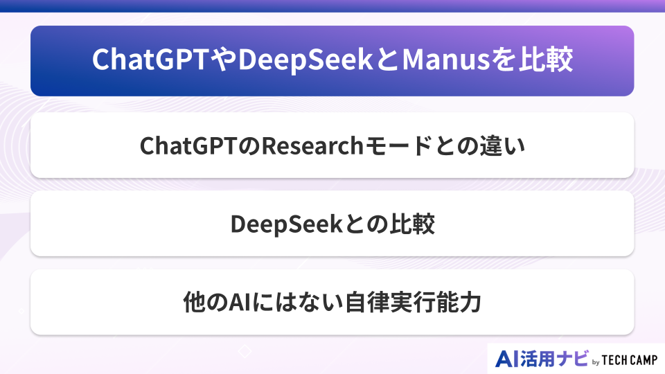ChatGPTやDeepSeekとManusを比較