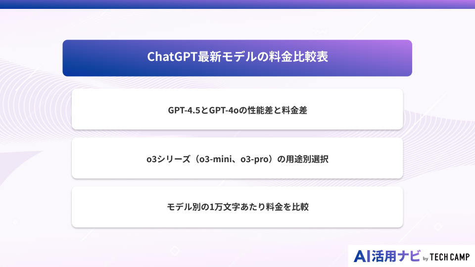 ChatGPT最新モデルの料金比較表