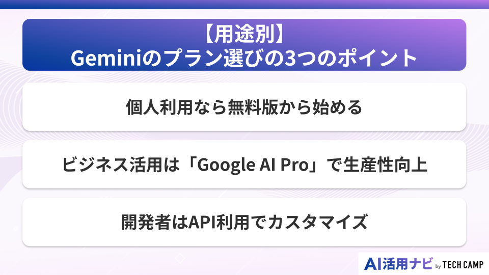 【用途別】Geminiのプラン選びの3つのポイント