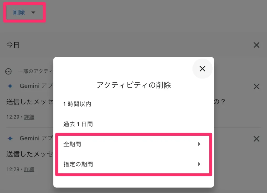 期間指定によるアクティビティの削除画面