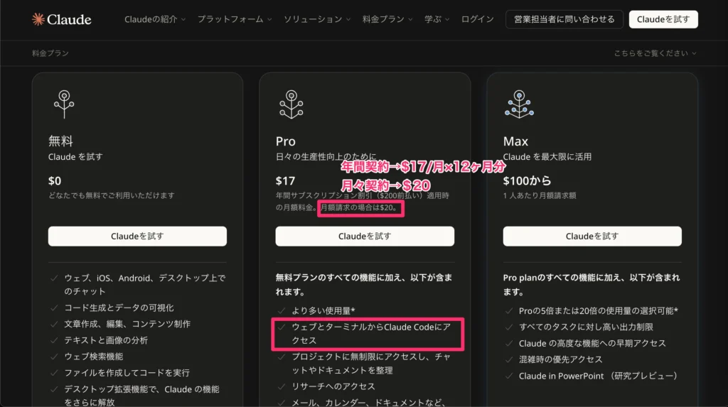 claudeの料金プラン