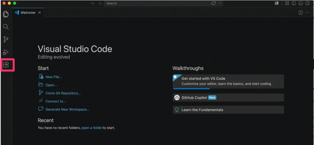VS Codeの拡張機能タブを開く