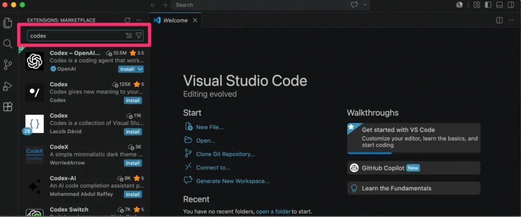 「Codex」「OpenAI」で検索する