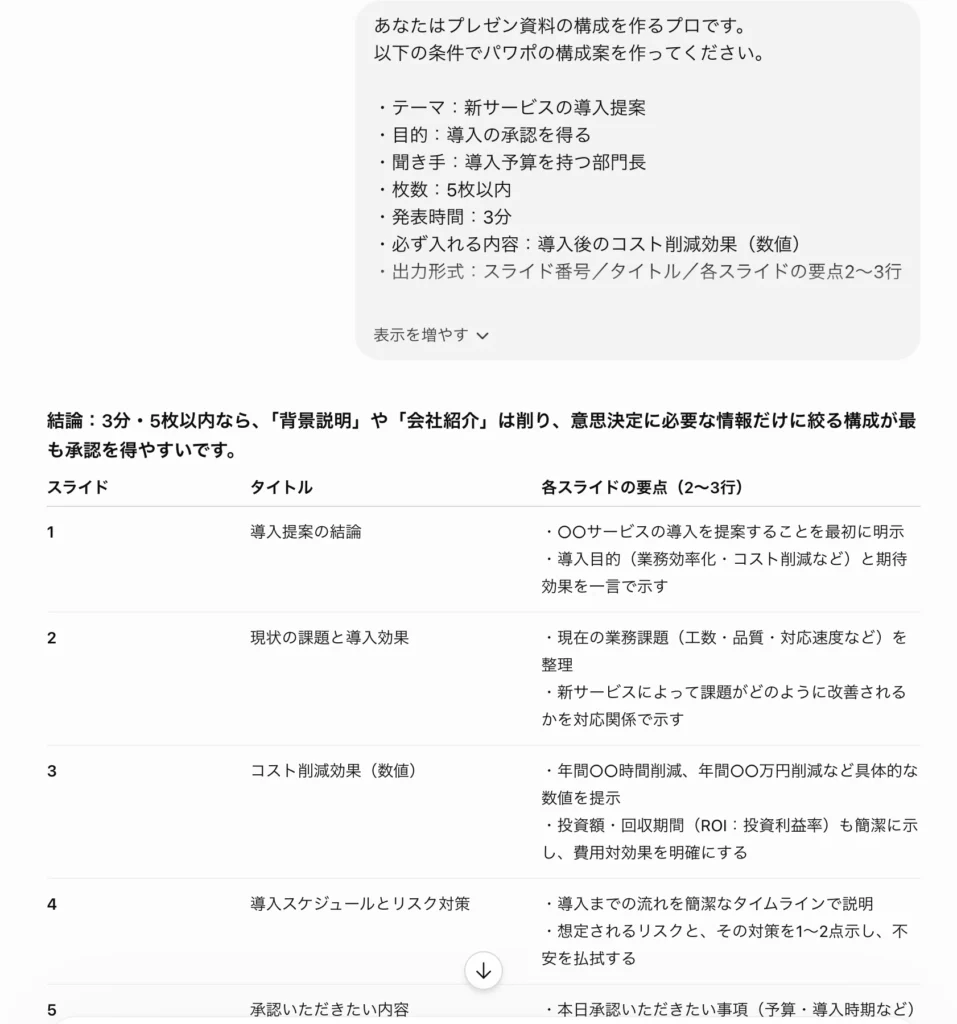 パワポ資料の構成案を作るプロンプト