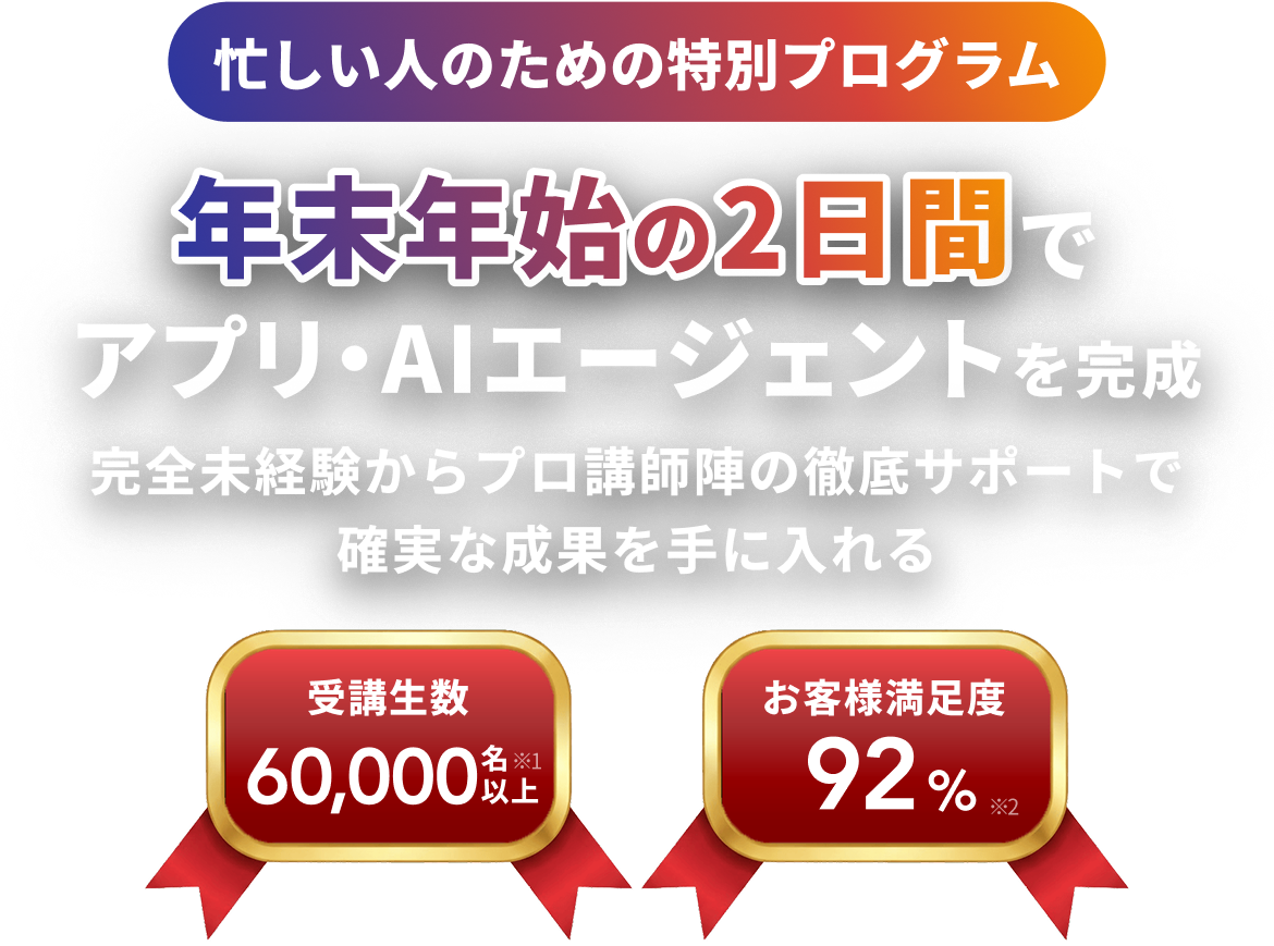 忙しい人のための特別プログラム 年末年始の2日間で アプリ・AIエージェントを完成 完全未経験からプロ講師陣の徹底サポートで確実な成果を手に入れる 受講生数 60,000名以上※1 お客様満足度 92%※2
