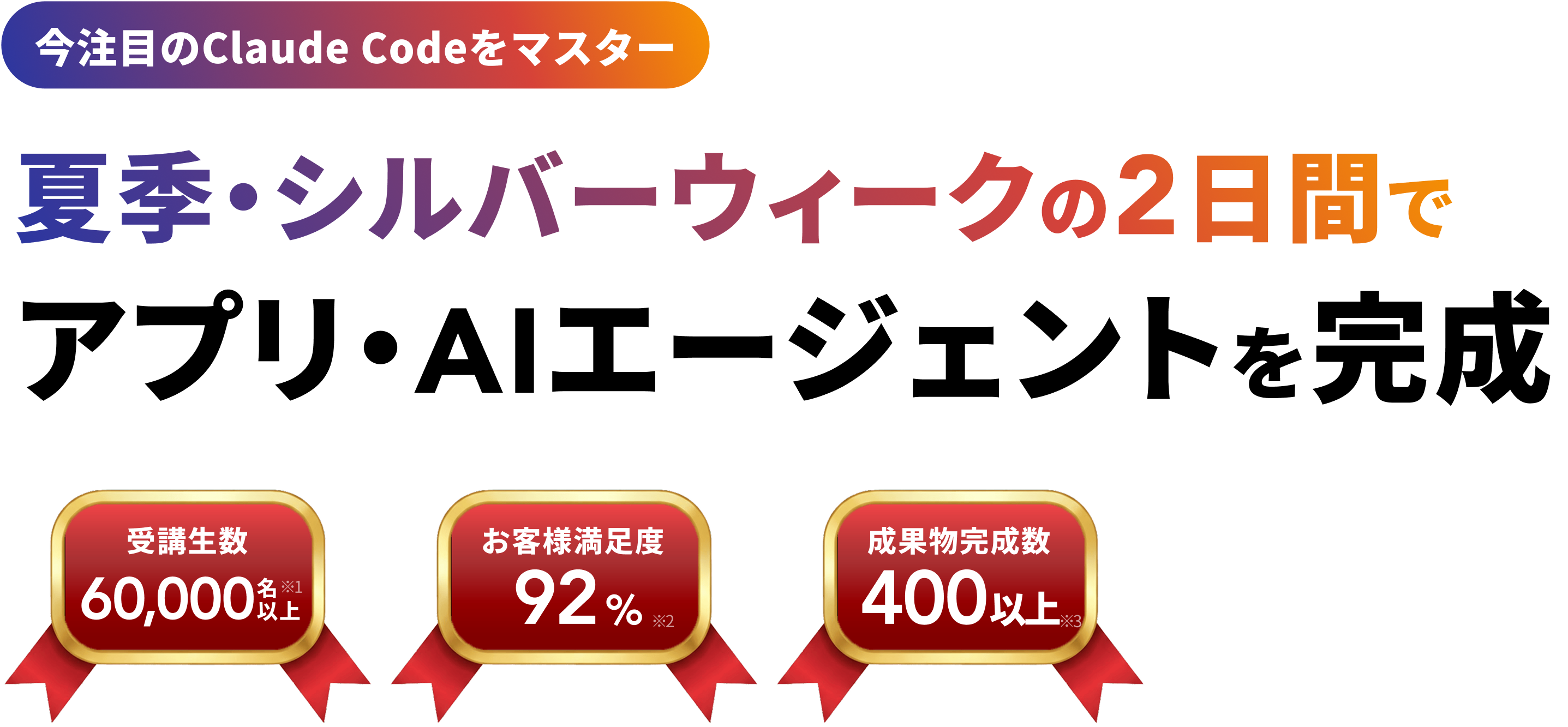 今注目のClaude Codeをマスター
夏季・シルバーウィークの2日間で
アプリ・AIエージェントを完成 60,000名以上※1 お客様満足度 92%※2 成果物完成数 300以上※3