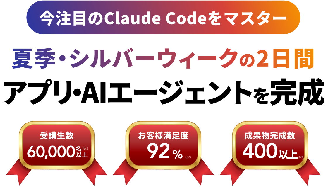 今注目のClaude Codeをマスター 土日2日間で アプリ・AIエージェントを完成 完全未経験からプロ講師陣の徹底サポートで確実な成果を手に入れる 受講生数 60,000名以上※1 お客様満足度 92%※2 成果物完成数 300以上※3