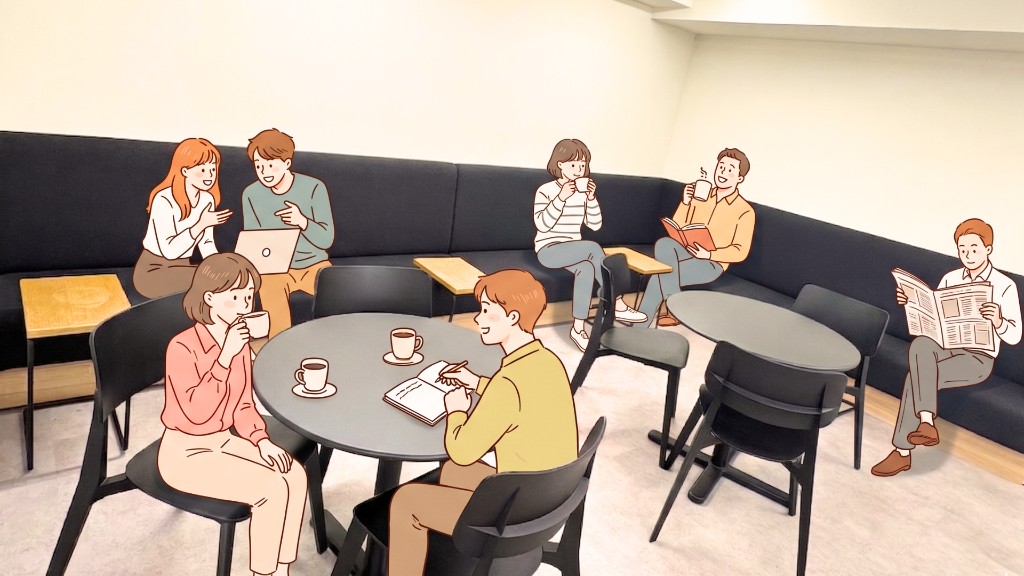 ソファ席と丸テーブルで談笑したり、ノートパソコンや本、新聞を見て過ごす人々のイラスト