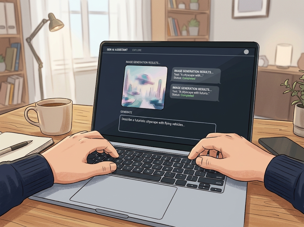 ノートPCで生成AIの画面を操作するイラスト。画面には画像生成の結果と入力欄が表示されている